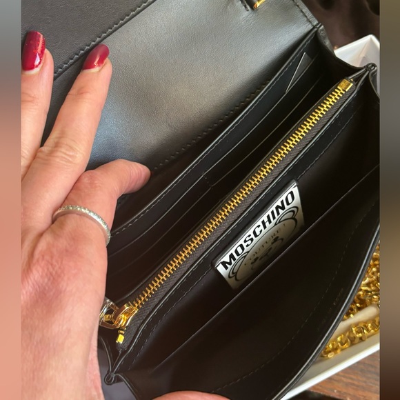 Authentic MOSCHINO Leather/Satin Bear print magnetic closure flap Crosby/Clutch - Picture 9 of 17